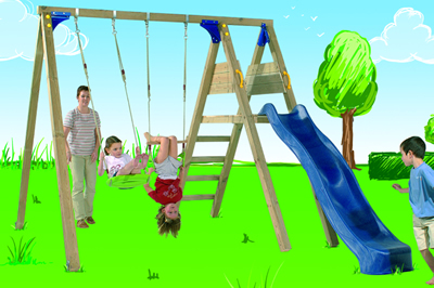 Deck Swing Frame, Swing Seat, Ring Trapeze and Blue Slide image