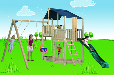 Duplex Tower with Swing Frame, Swing Seat, Convertable Baby Seat and Green Slide image